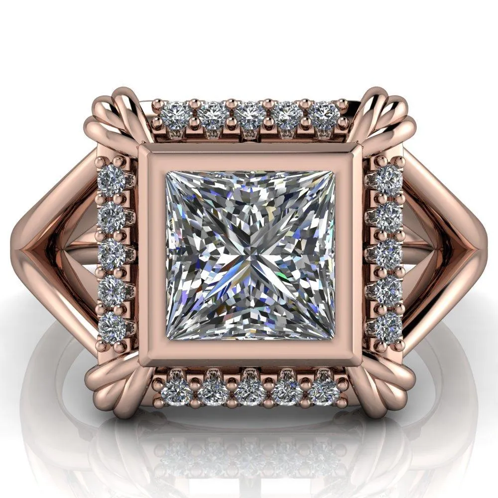 Caldwell Princess/Square Moissanite Bezel Set Diamond Halo Split Shank Engagement Ring