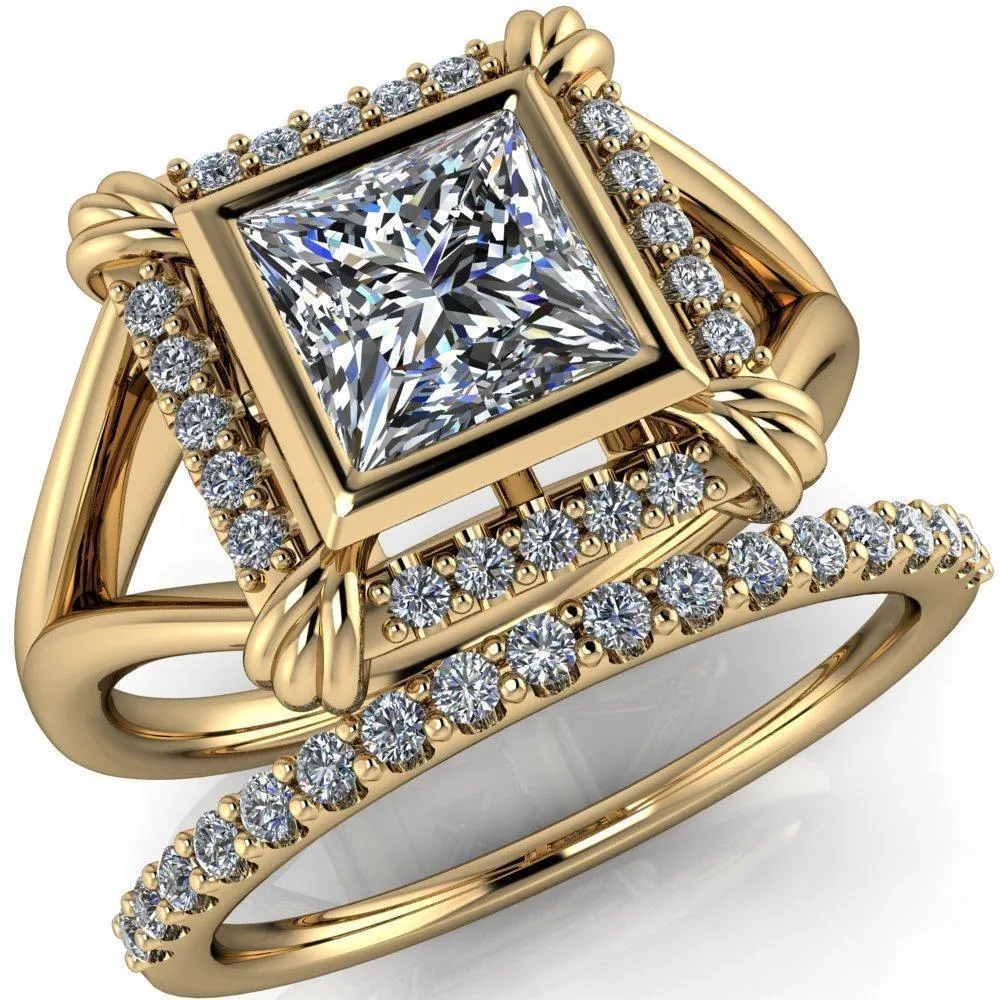 Caldwell Princess/Square Moissanite Bezel Set Diamond Halo Split Shank Engagement Ring