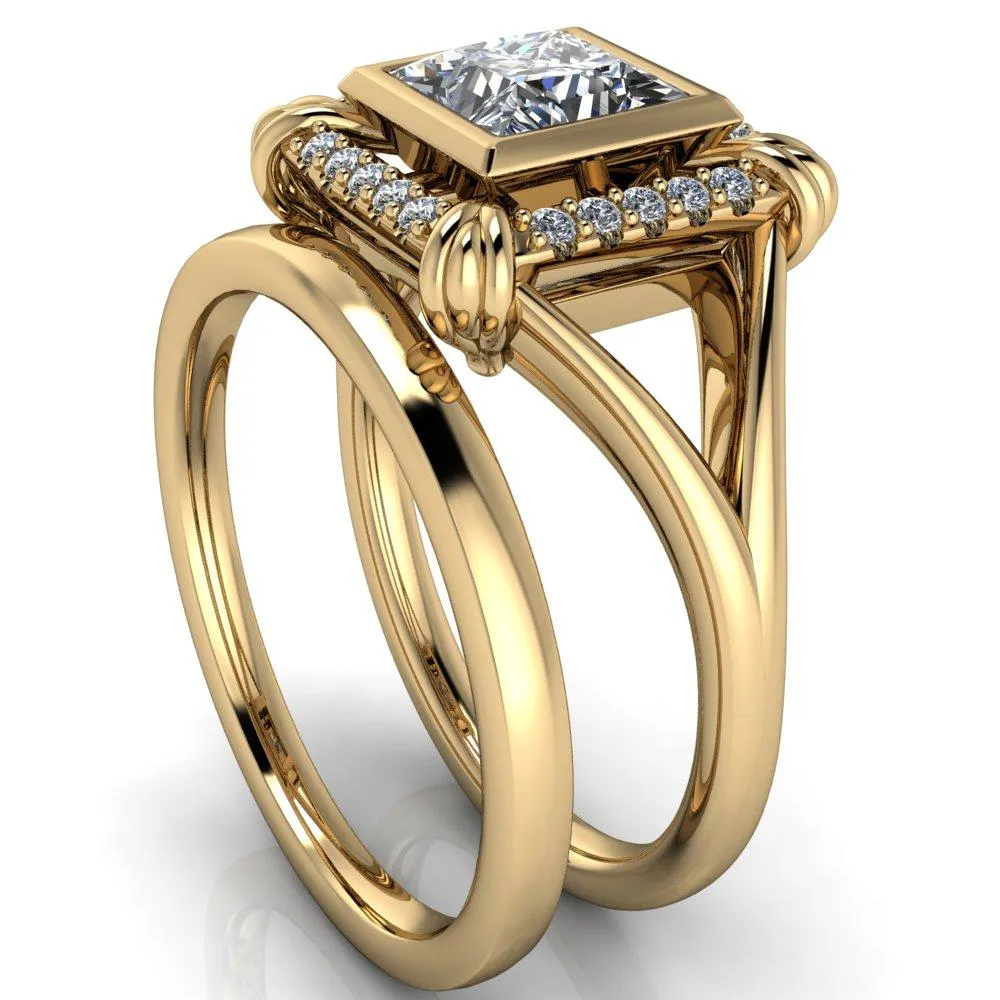 Caldwell Princess/Square Moissanite Bezel Set Diamond Halo Split Shank Engagement Ring