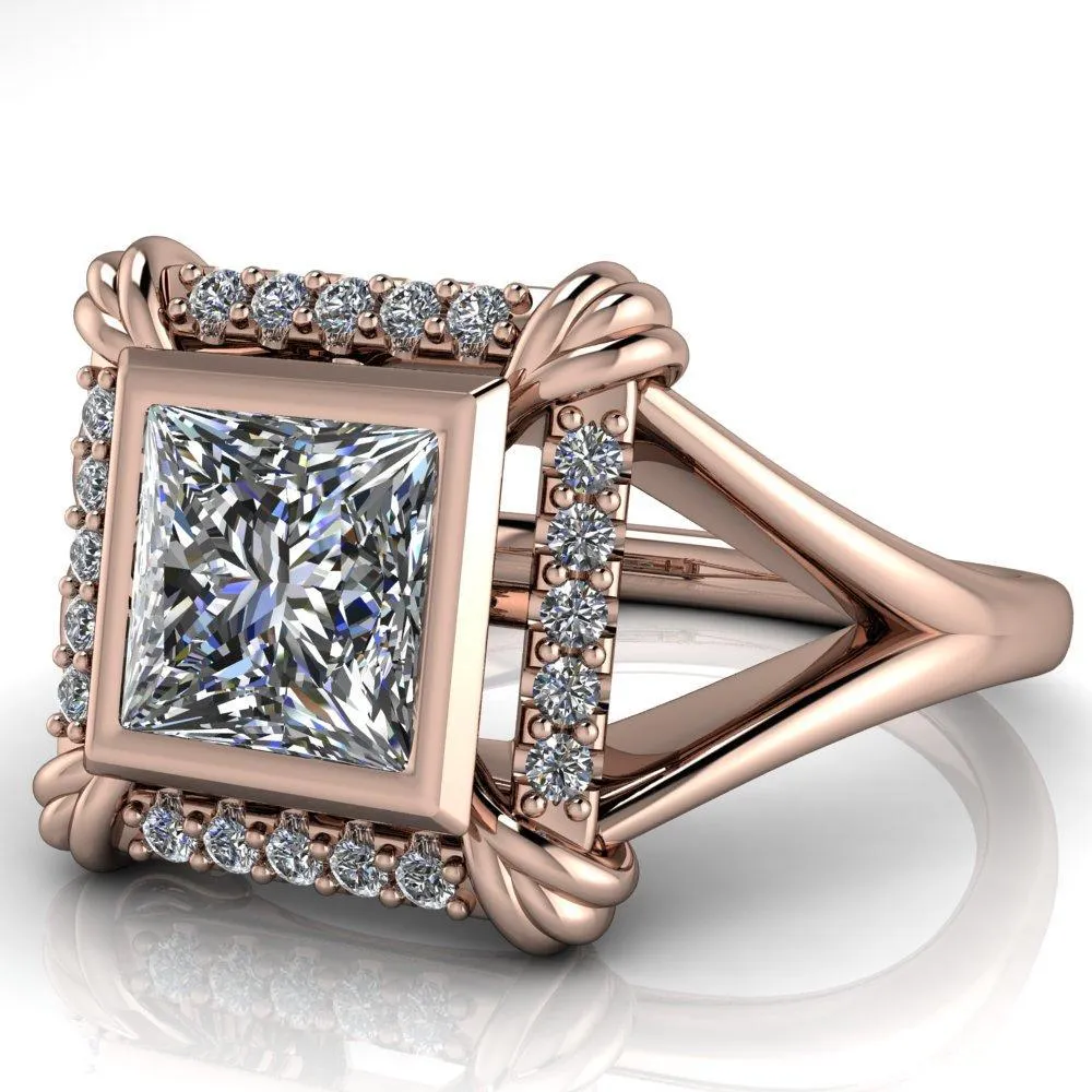 Caldwell Princess/Square Moissanite Bezel Set Diamond Halo Split Shank Engagement Ring