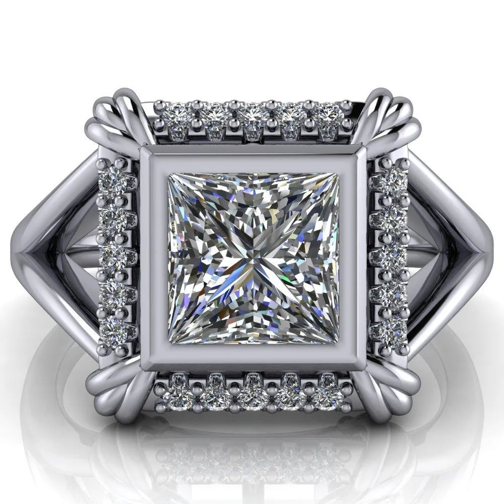 Caldwell Princess/Square Moissanite Bezel Set Diamond Halo Split Shank Engagement Ring