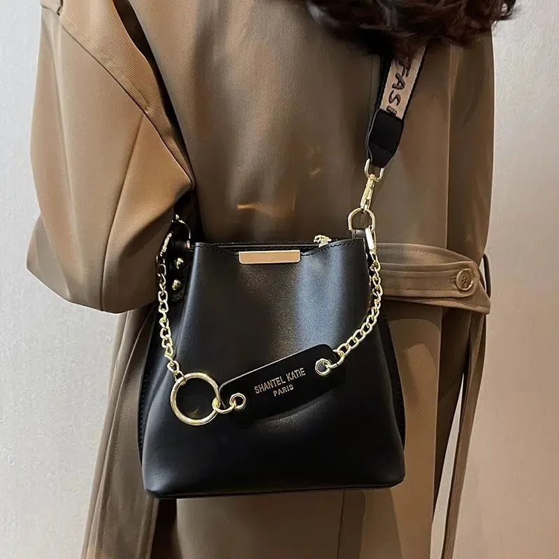 Chain Strap Leather Bucket Bag