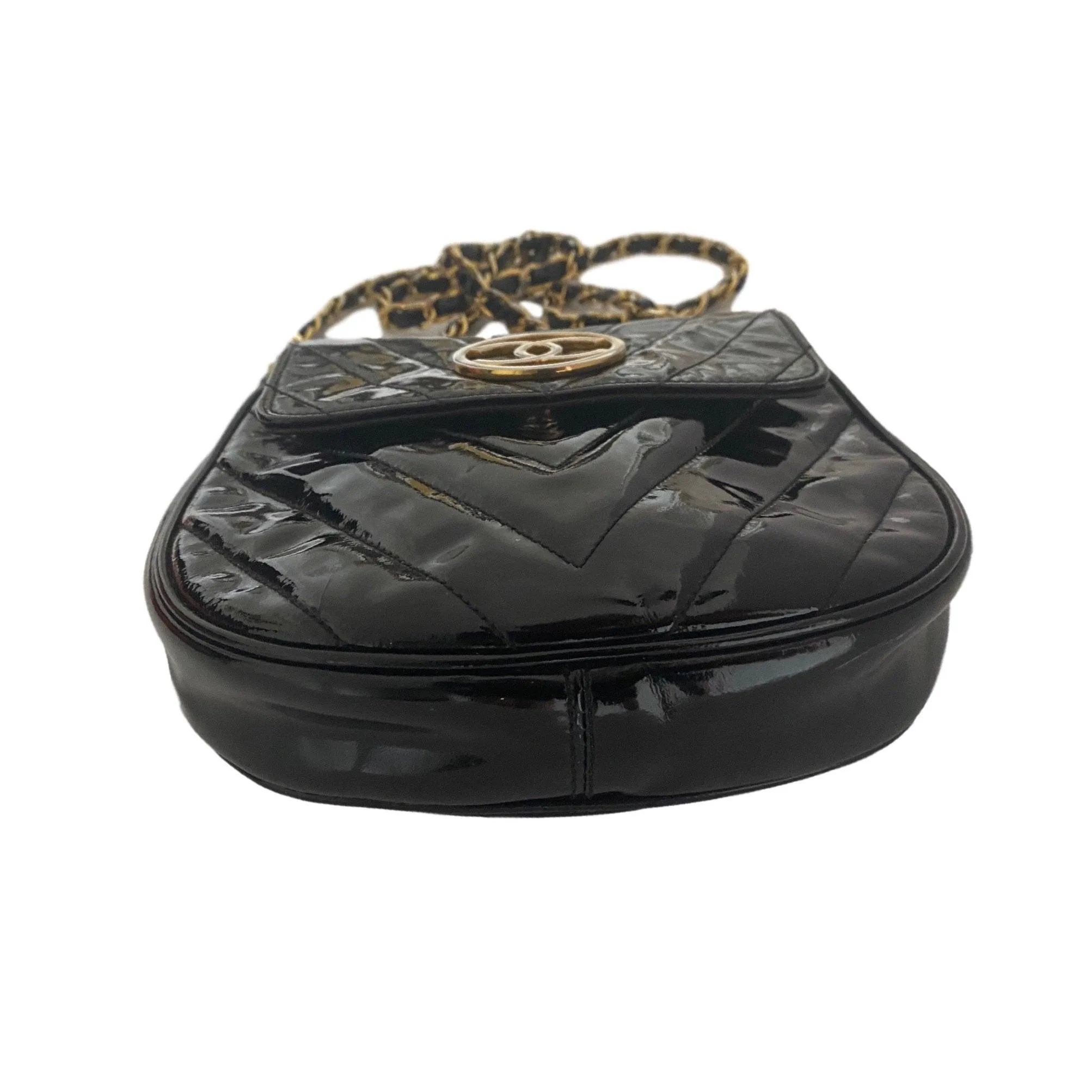 Chanel Black Patent Chevron Mini Chain Bag