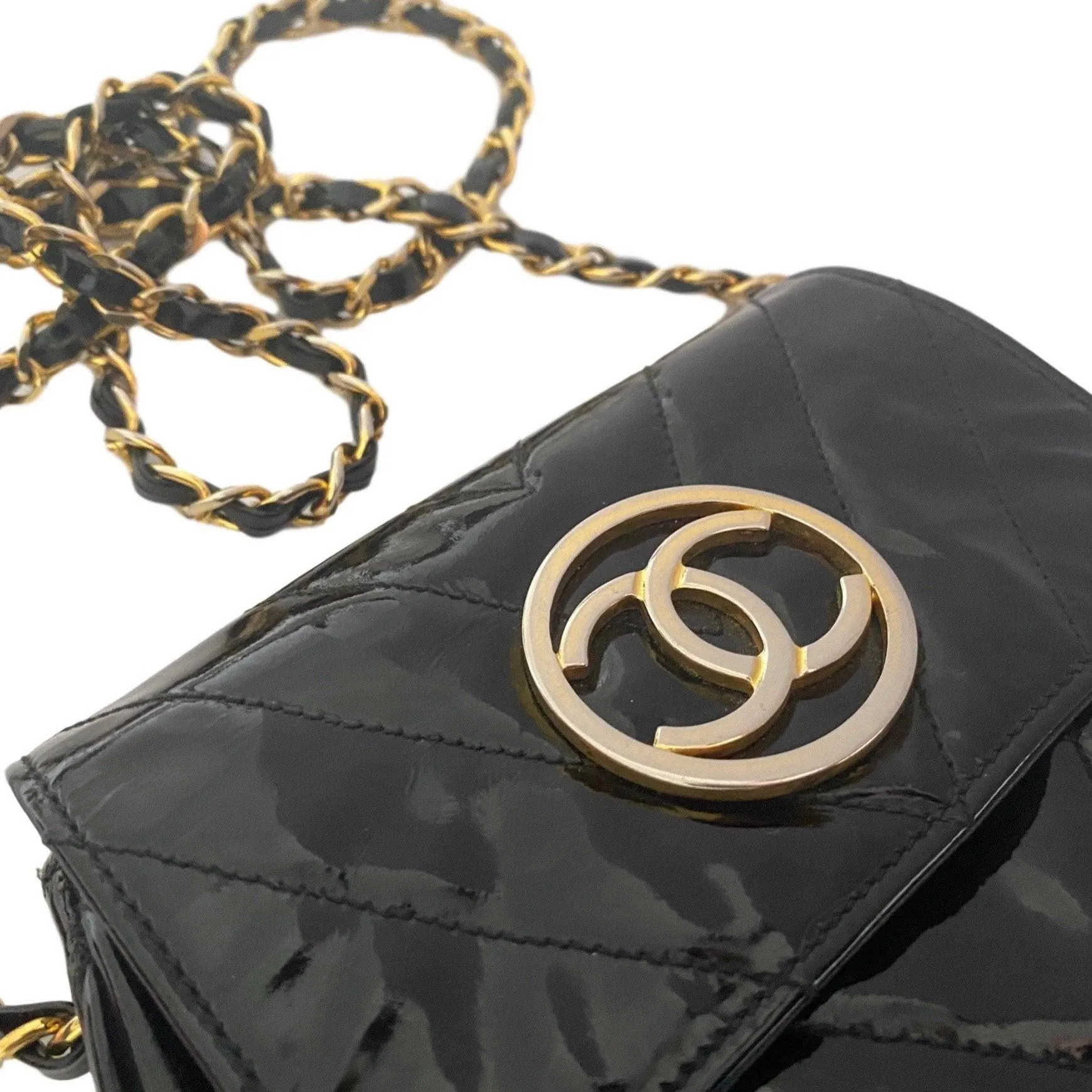 Chanel Black Patent Chevron Mini Chain Bag