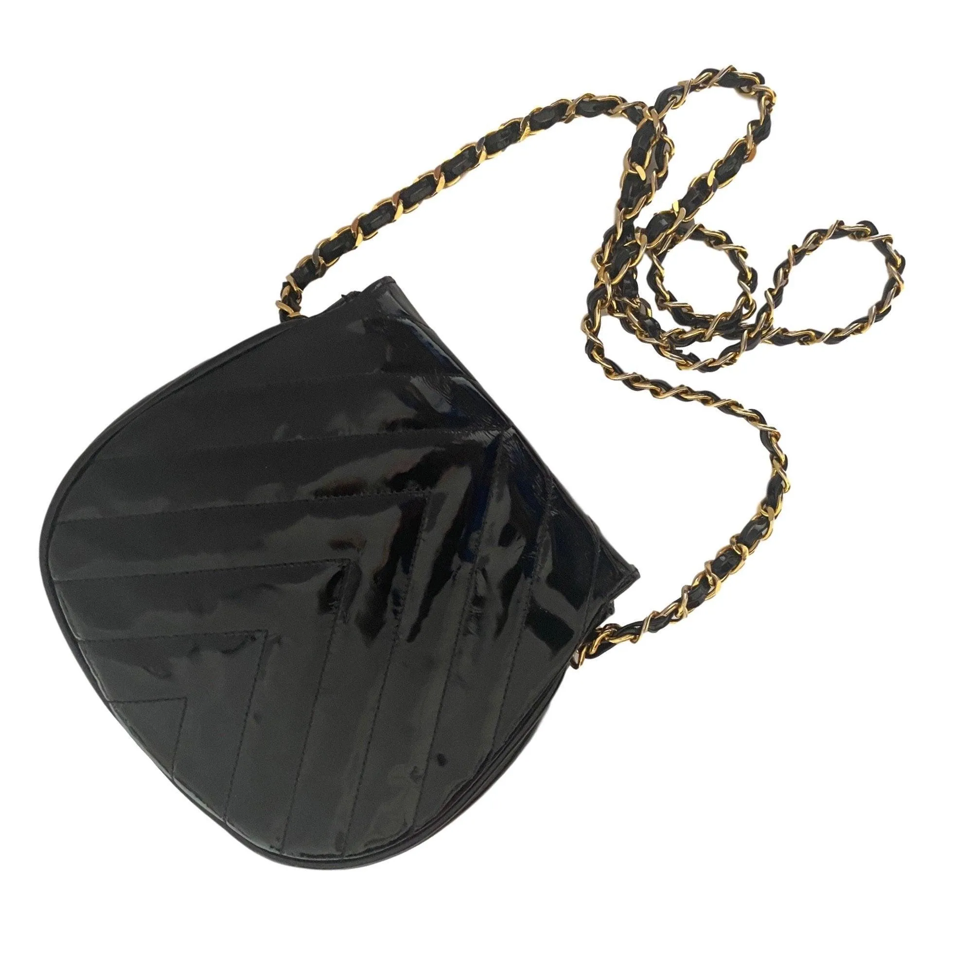 Chanel Black Patent Chevron Mini Chain Bag