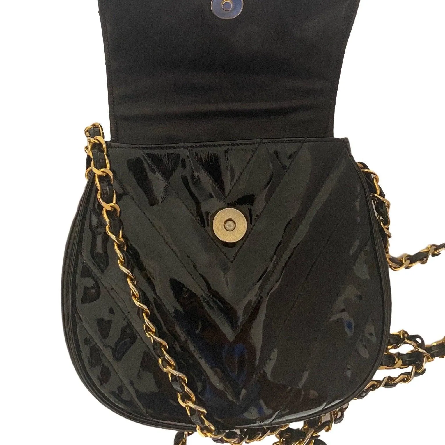 Chanel Black Patent Chevron Mini Chain Bag