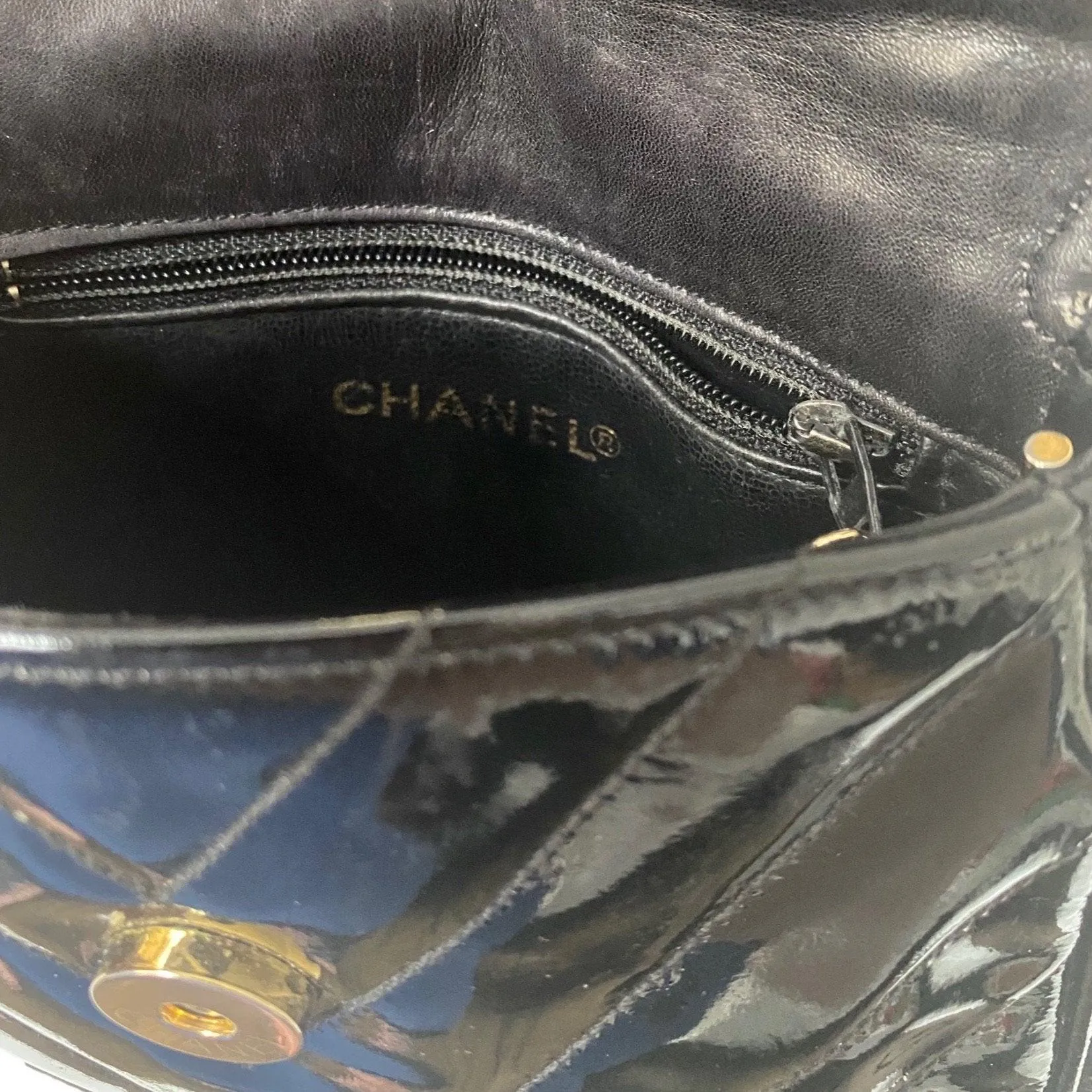 Chanel Black Patent Chevron Mini Chain Bag