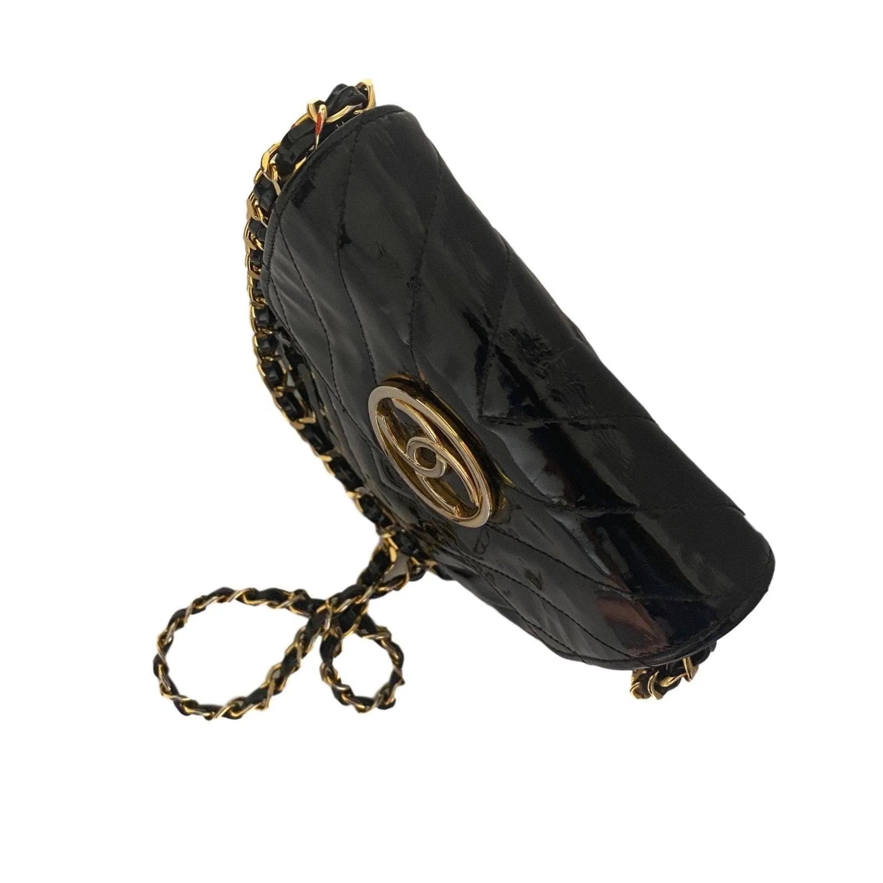 Chanel Black Patent Chevron Mini Chain Bag