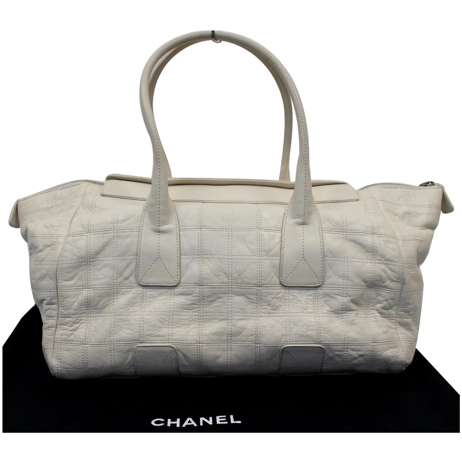 CHANEL Square Stitched Lax Lambskin Tote Bag White