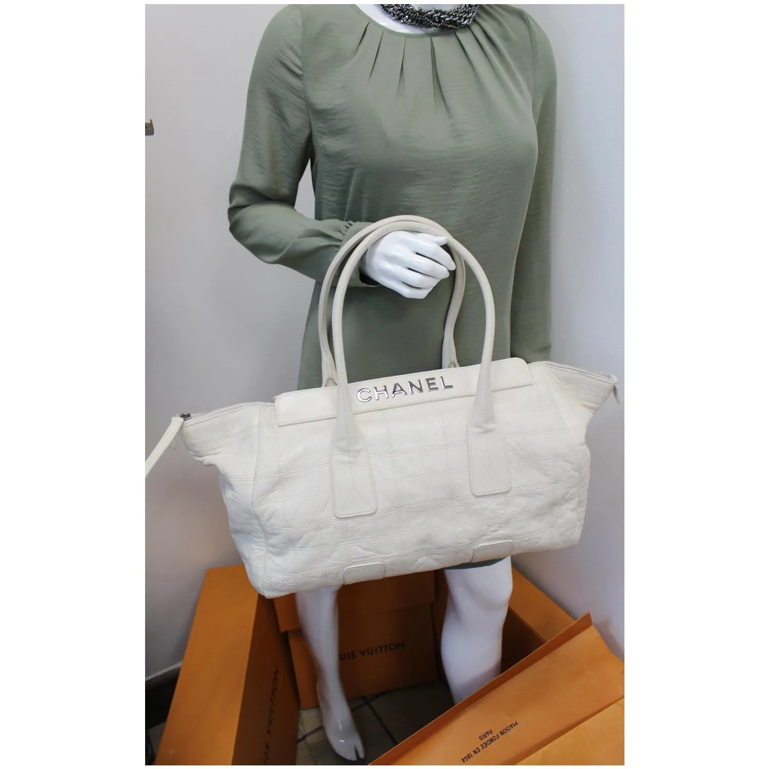 CHANEL Square Stitched Lax Lambskin Tote Bag White