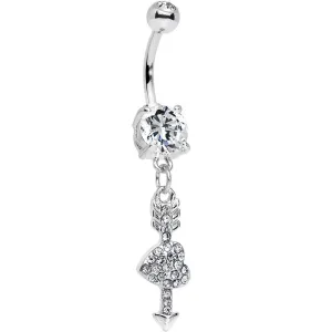 Clear Gem Studded Cupid Arrow Pierced Heart Dangle Belly Ring