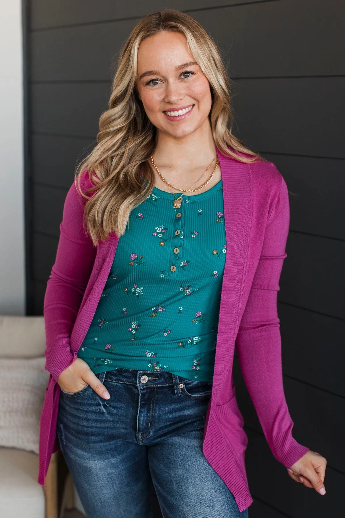 Comfortable With Myself Knit Cardigan- Fuchsia