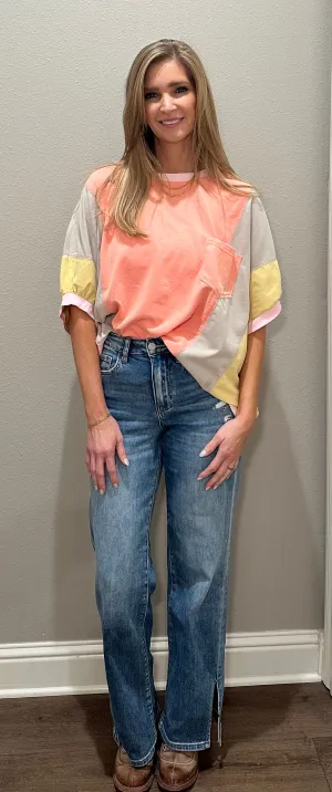 Coral Color Blocked Terry Knit Top