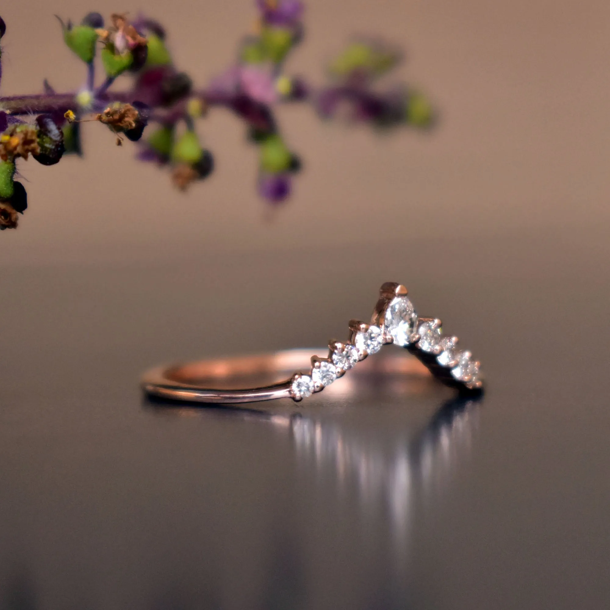 Curved Stack Wedding Band with Pear & Round Diamond