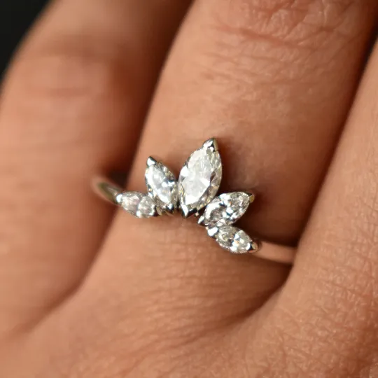 Curved Wedding Band with Marquise Cut Natural Diamonds