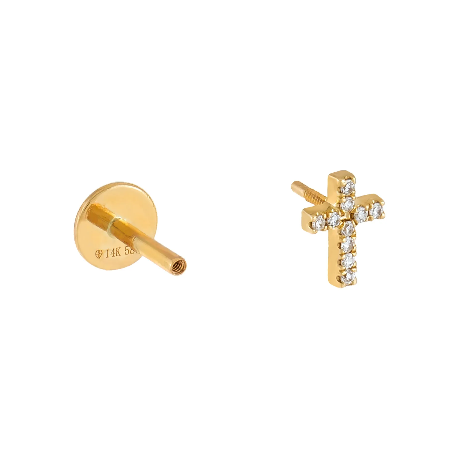 Diamond Cross Threaded Stud Earring 14K