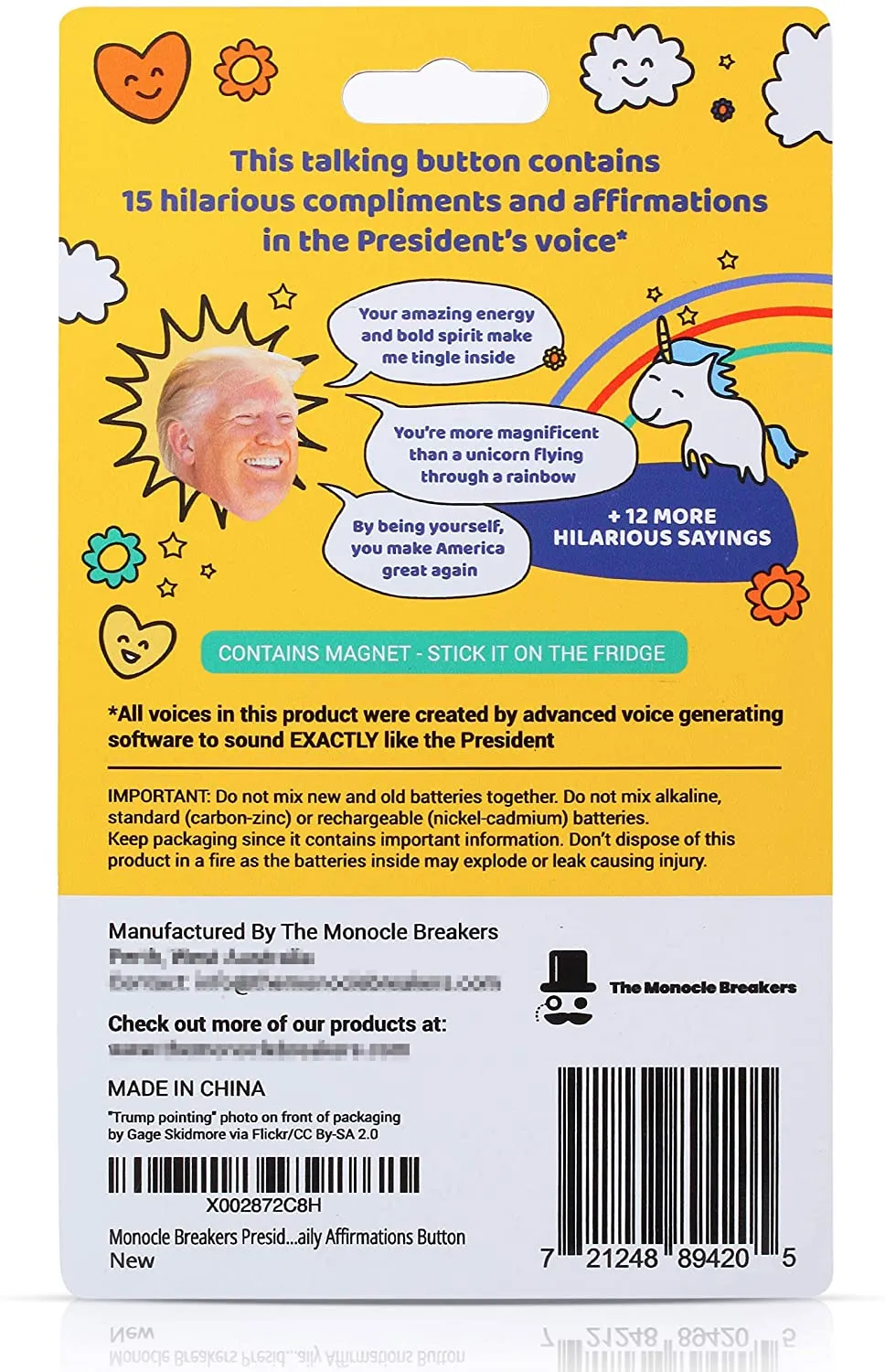 Donald Trump Talking Positivity Button - Says 15 Different Compliments and Affirmations Quotes in His Voice