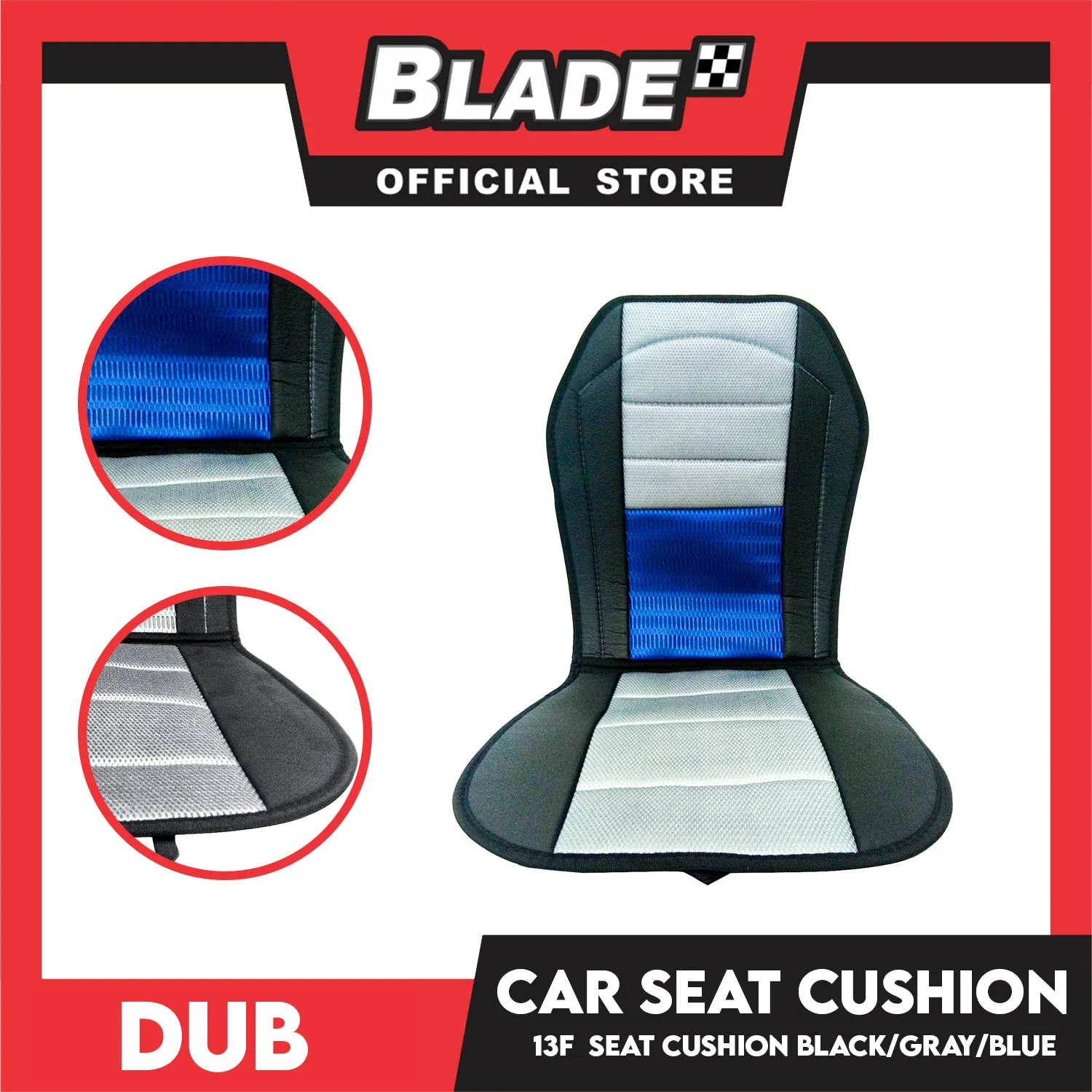 Dub Car Seat Cushion 13F (Black with Gray Blue) Comfortable Backrest Support Universal Sit with Adjustable Hook