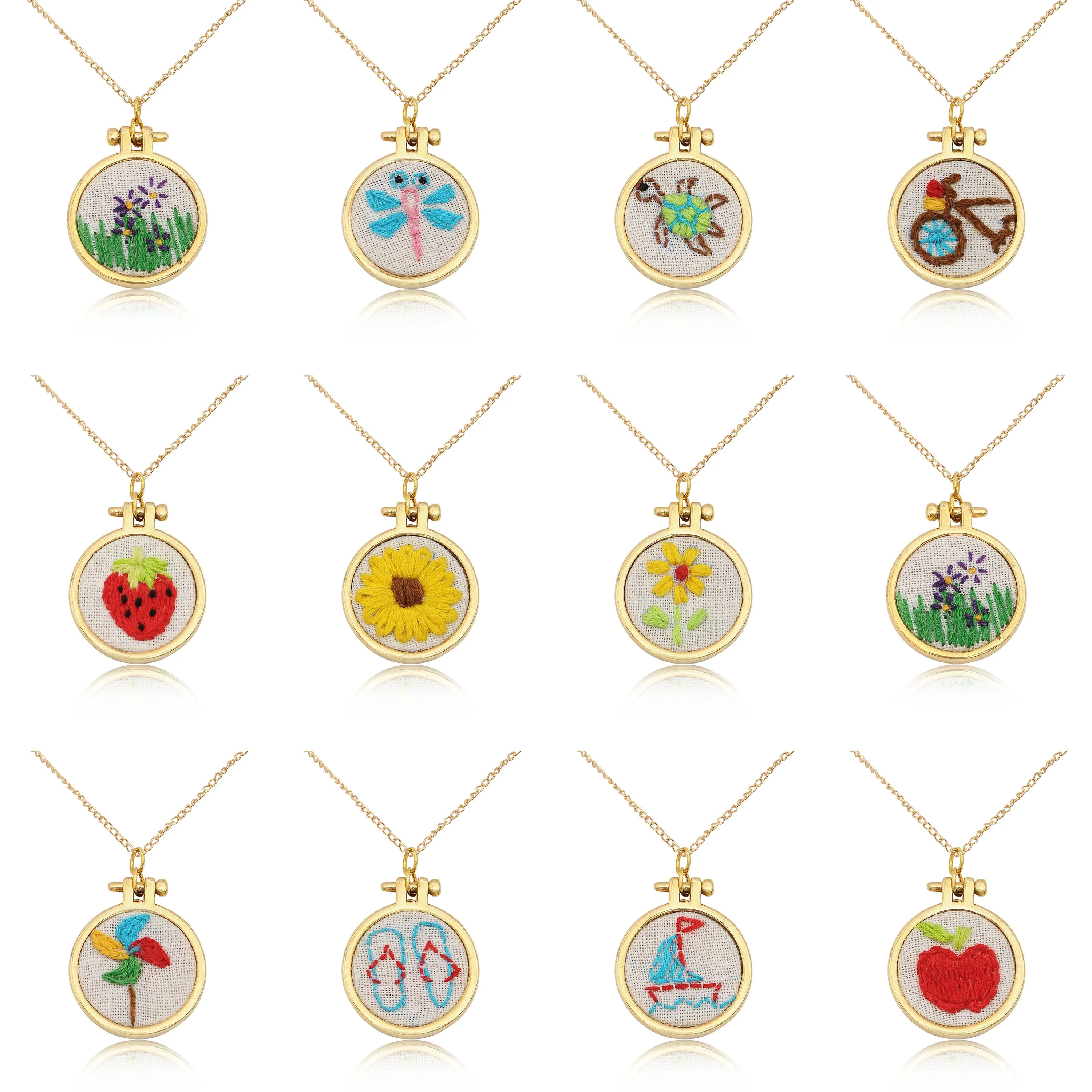 Embroidered Necklace Hand Stitched Statement Jewelry Floral Animal Fruit Pendant