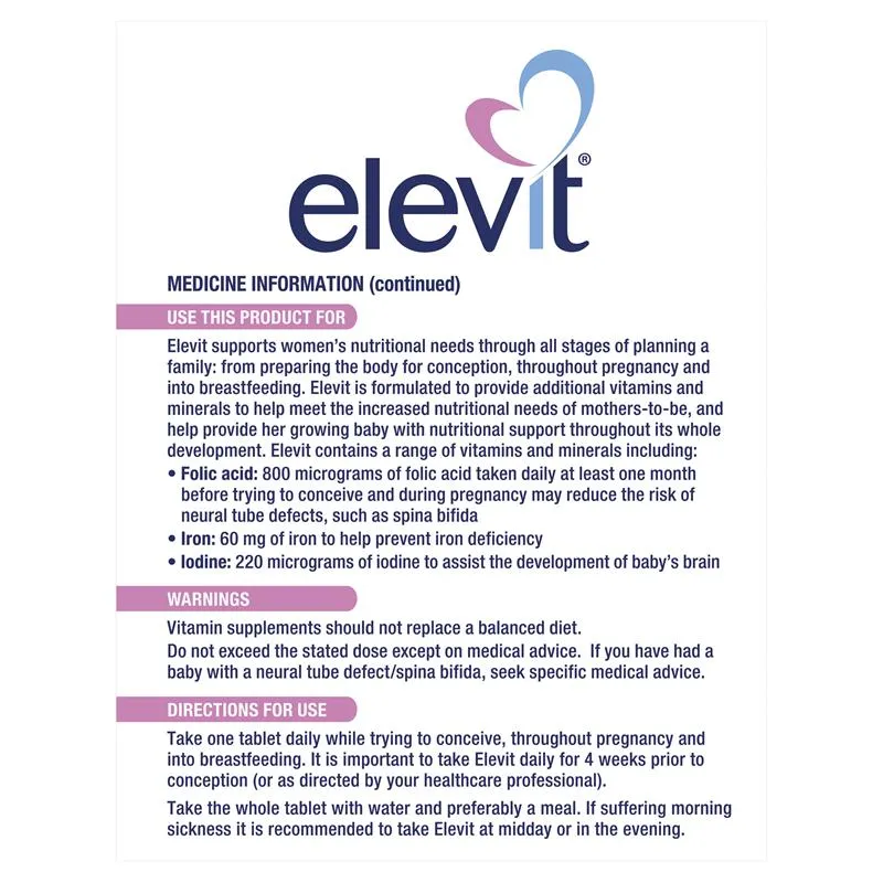[Expiry: 27/11/2025] Elevit Pre-conception & Pregnancy Multivitamin 100 Tablets