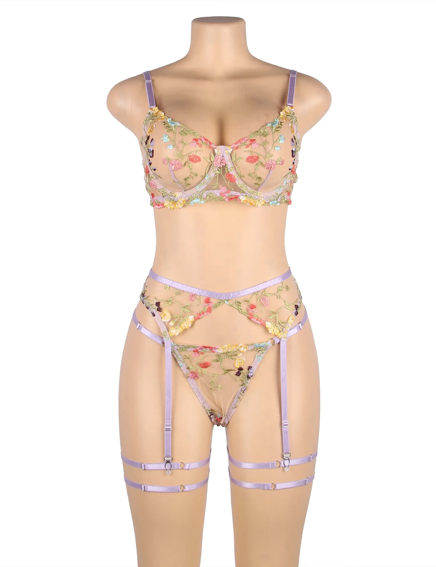 Floral Embroidery Underwire Garter Lingerie Egypt Set