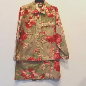 Floral Khaki Denim Vintage Matching Jacket &amp; Wrap Skirt Comfortable Size M