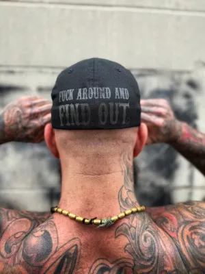 FUCK AROUND BLACK ON BLACK BACK STYLE FLEXFIT COTTON HAT
