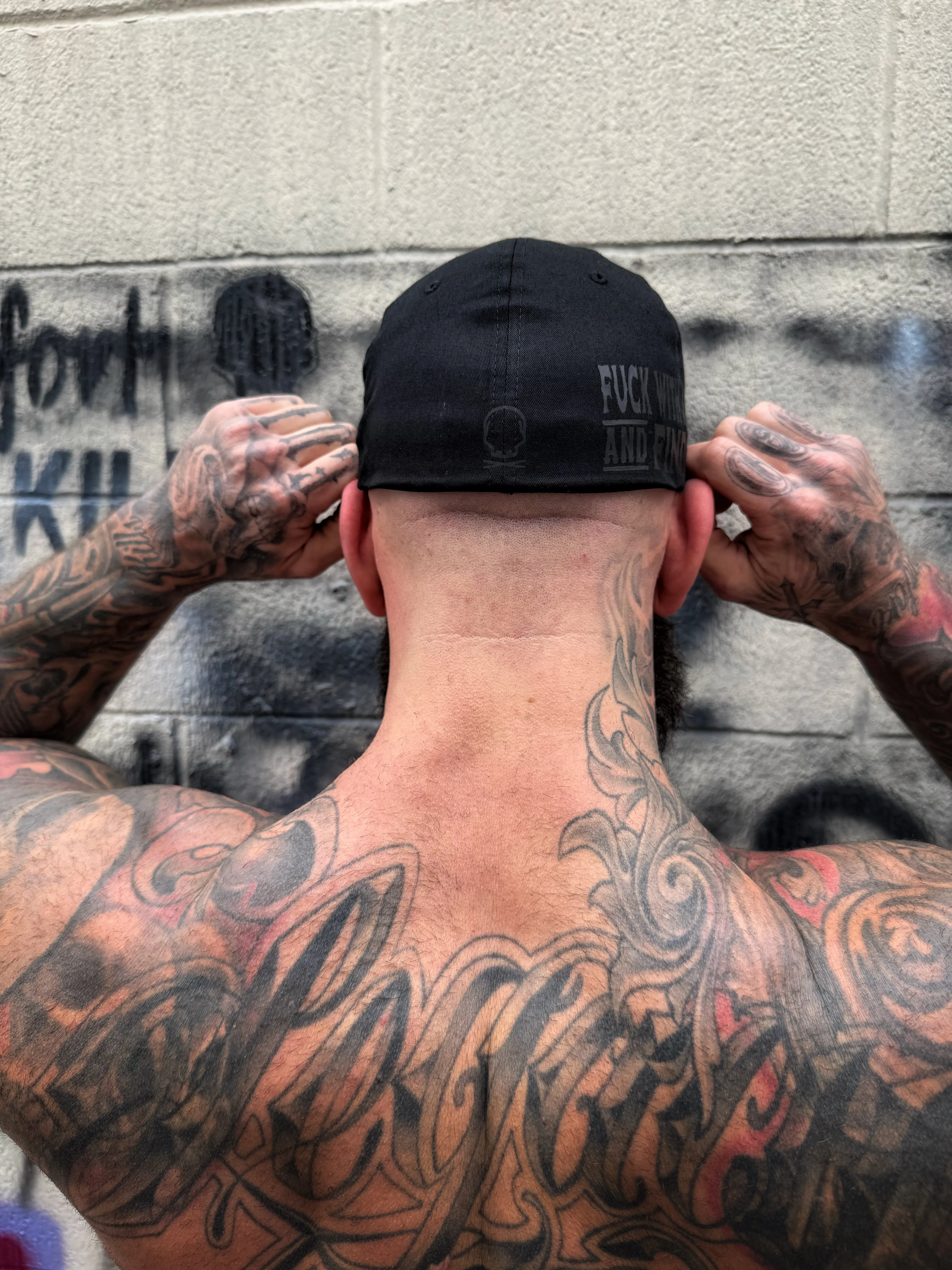 FUCK WITH AMERICA BLACK ON BLACK FLEXFIT COTTON HAT