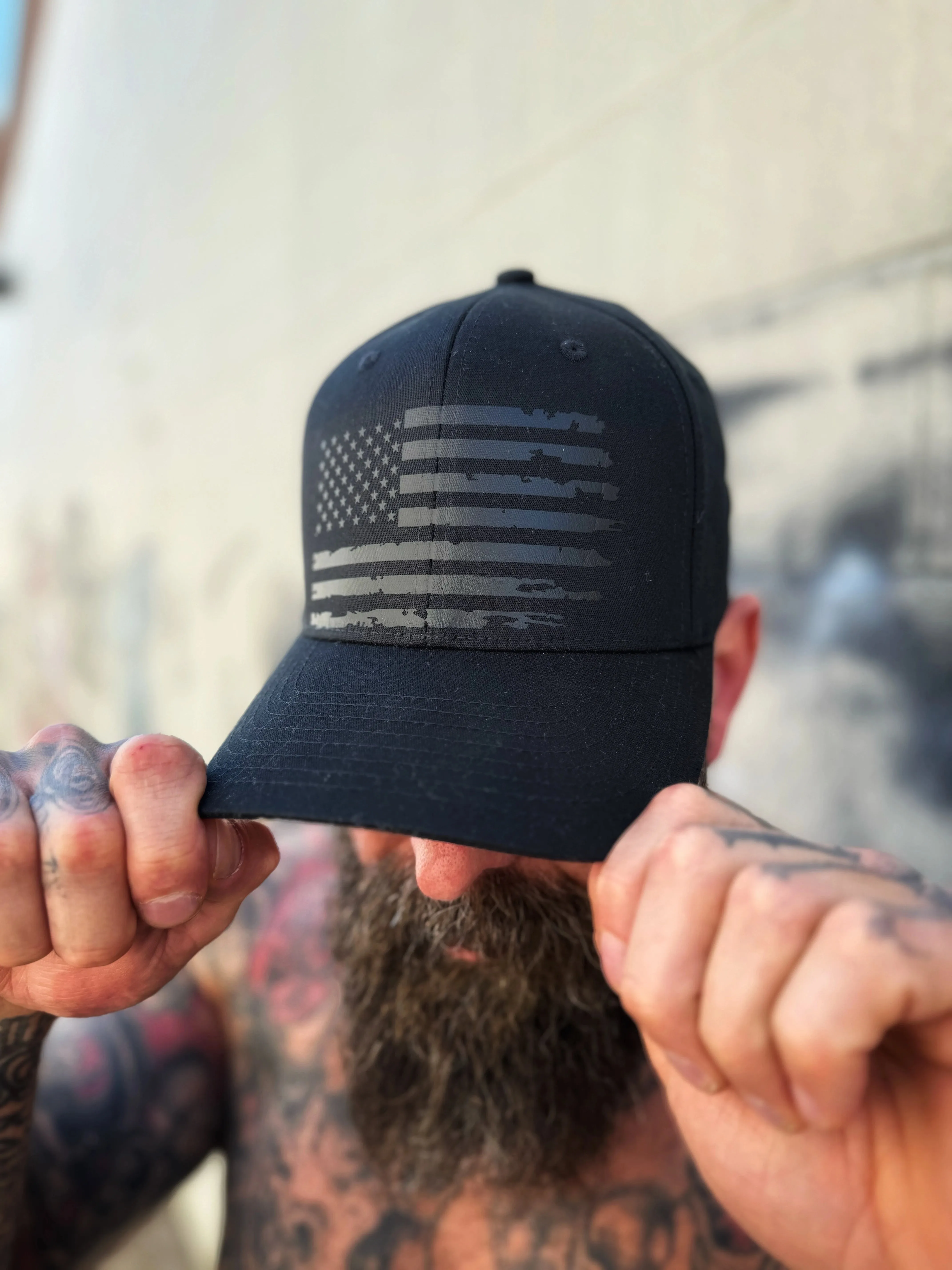 FUCK WITH AMERICA BLACK ON BLACK FLEXFIT COTTON HAT