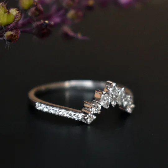 Gold Crown Curved Band with Marquise and Round Diamond, Stacking Contour Ring, Bridal Tiara Ring