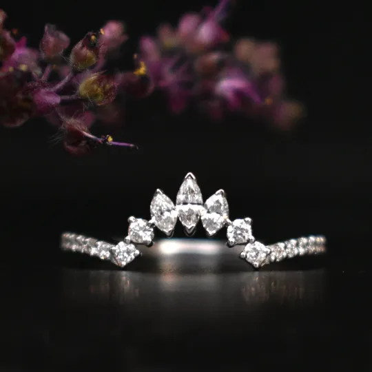 Gold Crown Curved Band with Marquise and Round Diamond, Stacking Contour Ring, Bridal Tiara Ring