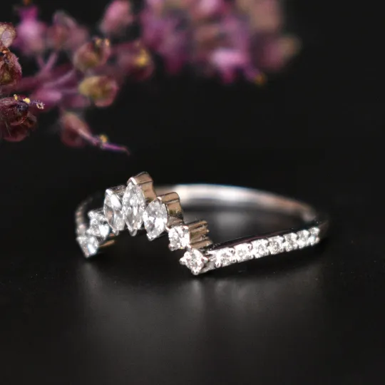 Gold Crown Curved Band with Marquise and Round Diamond, Stacking Contour Ring, Bridal Tiara Ring