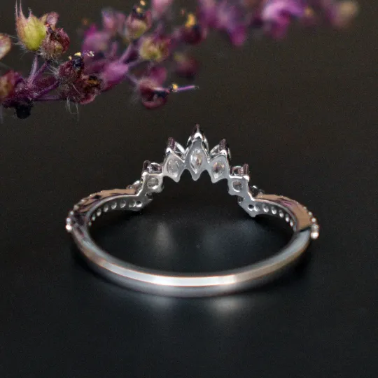 Gold Crown Curved Band with Marquise and Round Diamond, Stacking Contour Ring, Bridal Tiara Ring