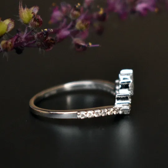 Gold Crown Curved Band with Marquise and Round Diamond, Stacking Contour Ring, Bridal Tiara Ring