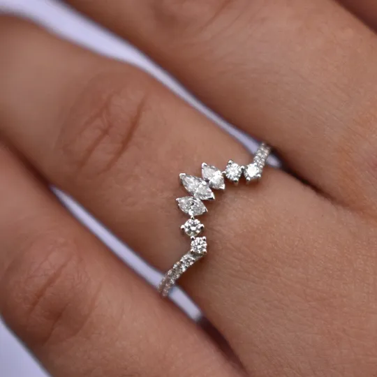 Gold Crown Curved Band with Marquise and Round Diamond, Stacking Contour Ring, Bridal Tiara Ring