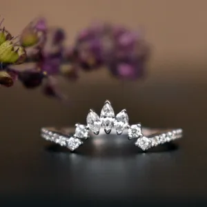 Gold Crown Curved Band with Marquise and Round Diamond, Stacking Contour Ring, Bridal Tiara Ring