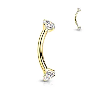 Gold Titanium Internally Threaded 16G CZ Ends Curved Barbell