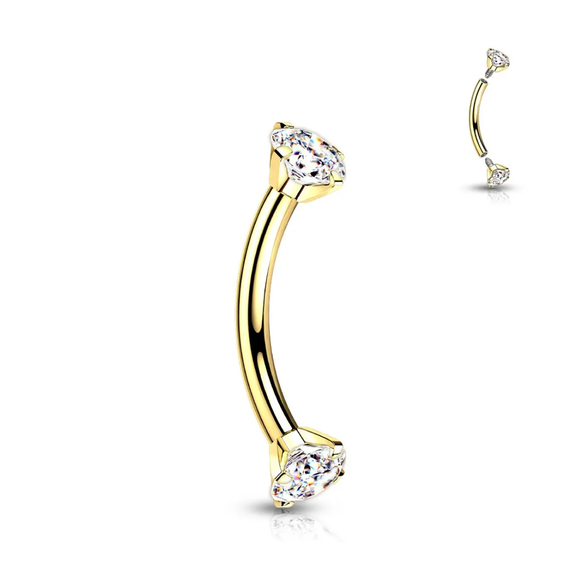 Gold Titanium Internally Threaded 16G CZ Ends Curved Barbell