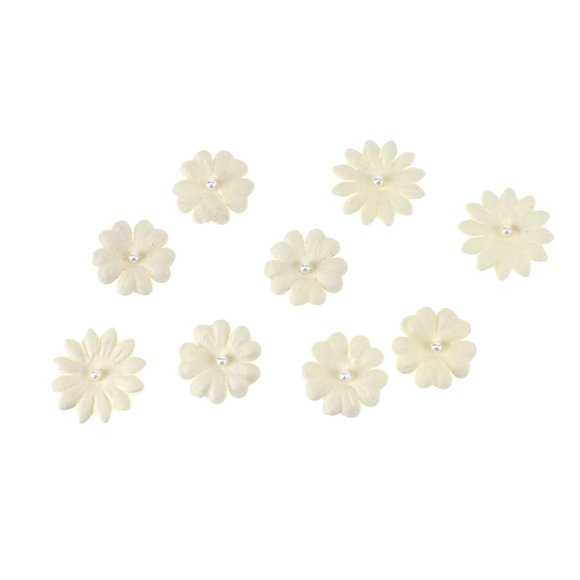 Handmade Paper Floral Embellishments With Pearls, 1-Inch, 32-Piece