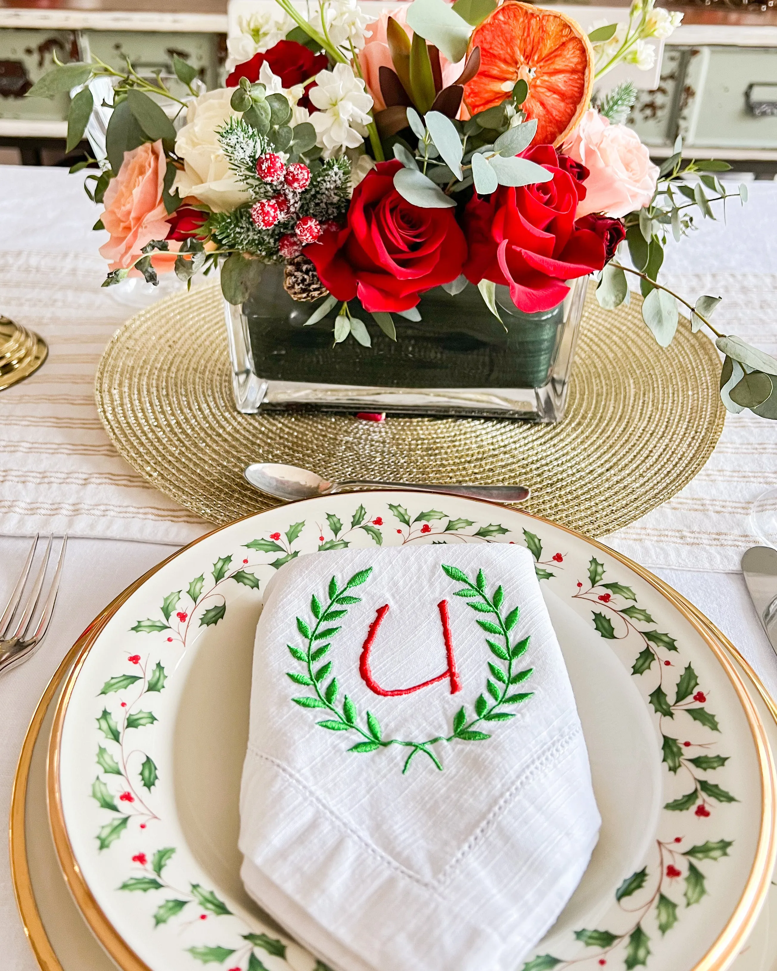 HEMSTITCHED LINEN DINNER NAPKINS with monogram - SET OF 6