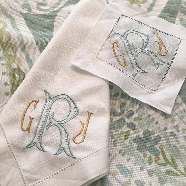 HEMSTITCHED LINEN DINNER NAPKINS with monogram - SET OF 6