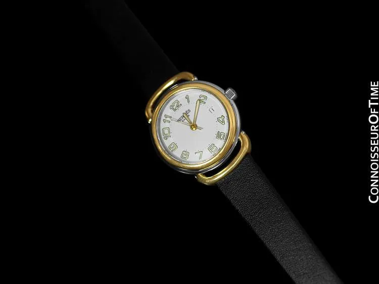 Hermes Pullman Ladies White Dial Watch with Date - 18K Gold Plated & Stainless Steel