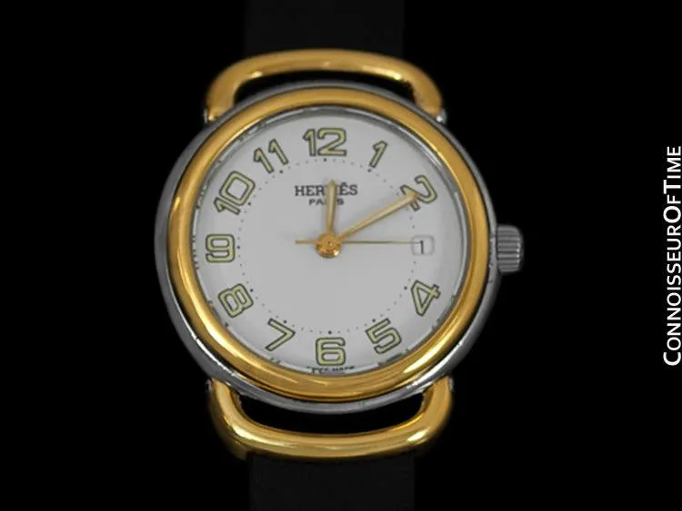 Hermes Pullman Ladies White Dial Watch with Date - 18K Gold Plated & Stainless Steel
