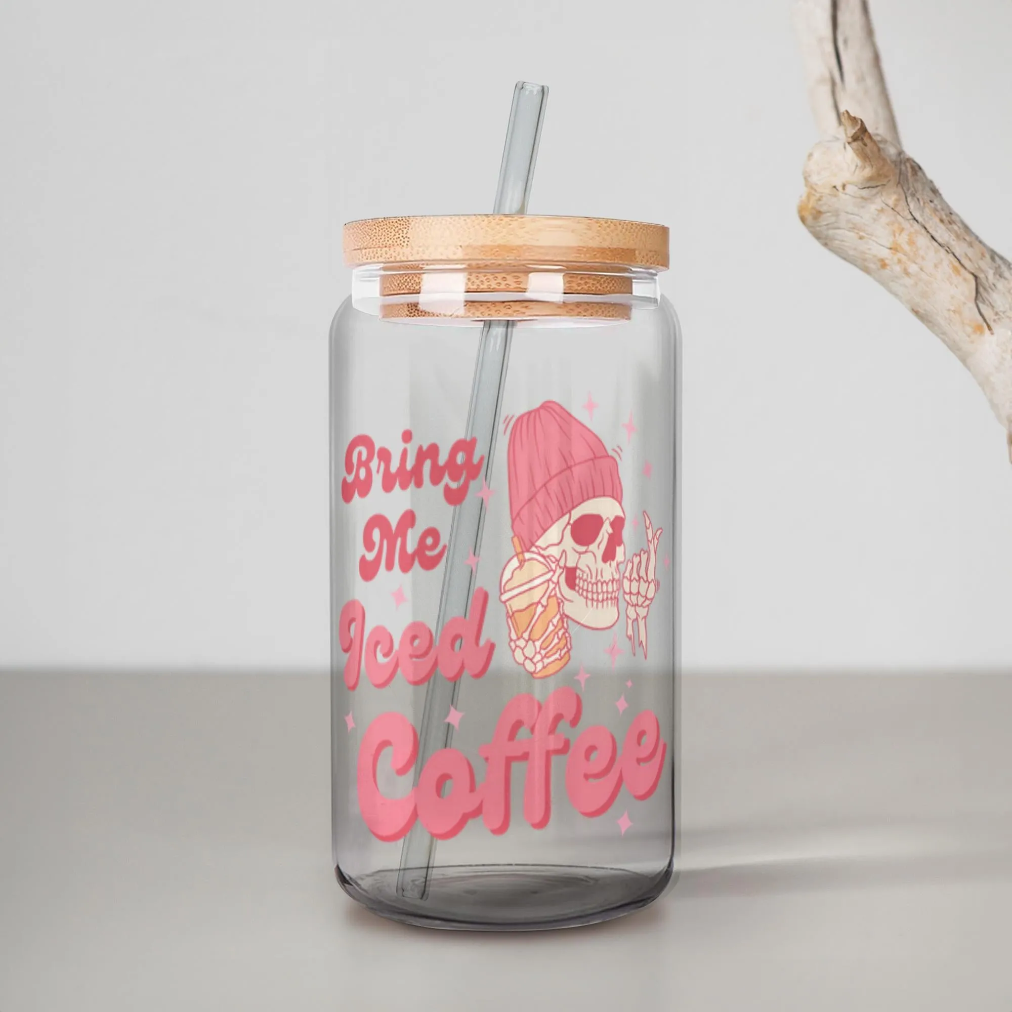 Iced Coffee Glass, Bring Me Iced Coffee, Gift for Coffee Lover, Skulls, Skeleton Glass, Can Shaped Glass, Trendy Glass Cup