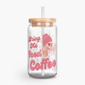 Iced Coffee Glass, Bring Me Iced Coffee, Gift for Coffee Lover, Skulls, Skeleton Glass, Can Shaped Glass, Trendy Glass Cup