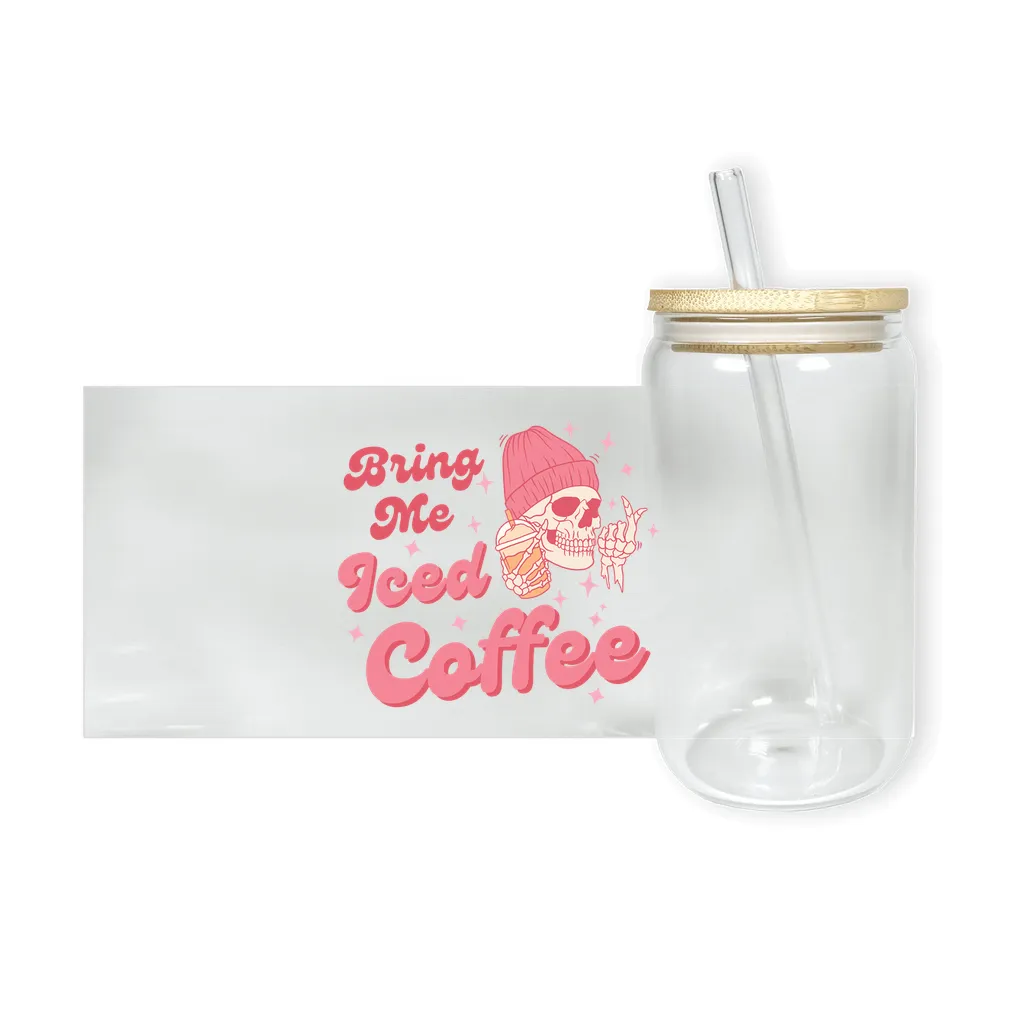 Iced Coffee Glass, Bring Me Iced Coffee, Gift for Coffee Lover, Skulls, Skeleton Glass, Can Shaped Glass, Trendy Glass Cup