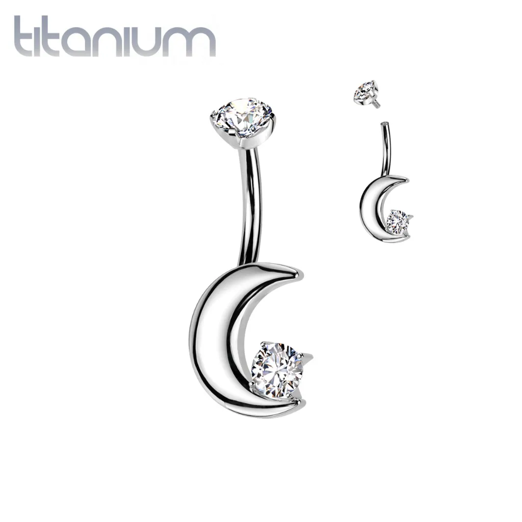 Implant Grade Titanium White CZ Crescent Moon Internally Threaded Belly Ring