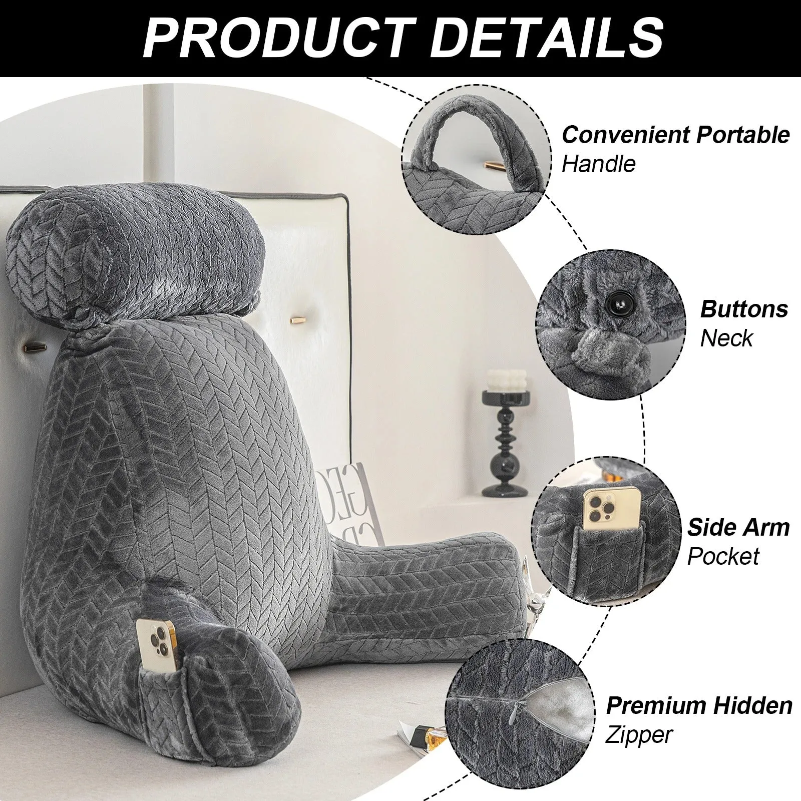 In-Bed Pillow with Arms | Comfortable Bed Pillow for Sitting Up | Support for Reading and Relaxing