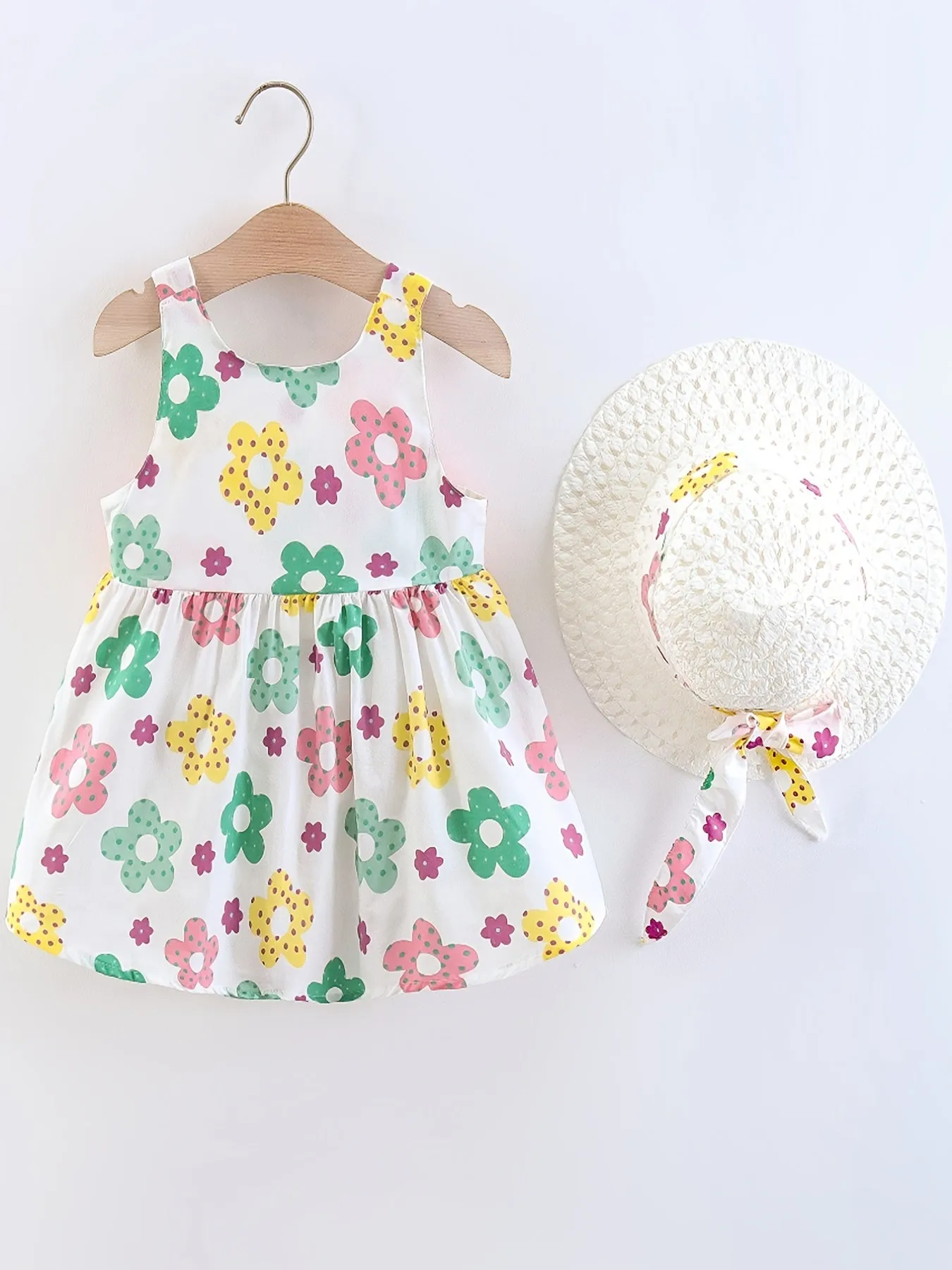 Infant Little Girls Sleeveless Princess Dress   Hat Set with Big Bowknot Design