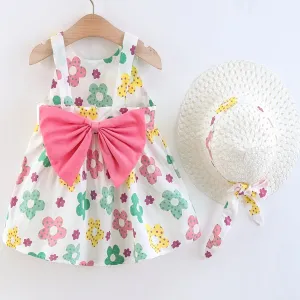Infant Little Girls Sleeveless Princess Dress   Hat Set with Big Bowknot Design